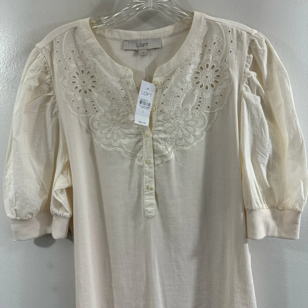 Loft Eyelet Yoke Mixed Media Top in Ecru Ivory Cream Size L Large #596116